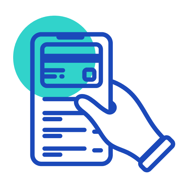 Pictogram of a hand holding a phone, which displays a credit card